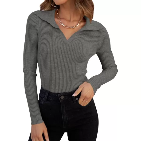 ZESICA Sweaters for Women 2024 Fall Long Sleeve V Neck Ribbed Knit Pullover Tops Casual Slim Fit Basic Tee ShirtsGrey
