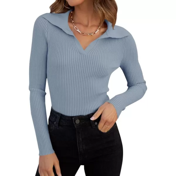 ZESICA Sweaters for Women 2024 Fall Long Sleeve V Neck Ribbed Knit Pullover Tops Casual Slim Fit Basic Tee ShirtsLightblue
