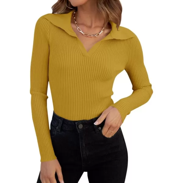 ZESICA Sweaters for Women 2024 Fall Long Sleeve V Neck Ribbed Knit Pullover Tops Casual Slim Fit Basic Tee ShirtsMustard