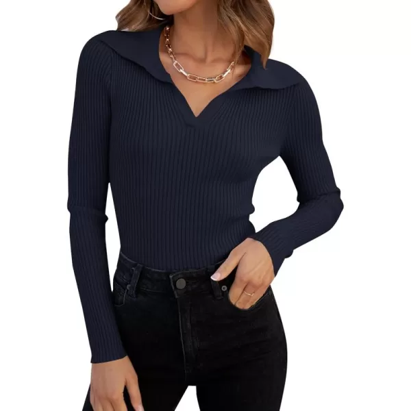 ZESICA Sweaters for Women 2024 Fall Long Sleeve V Neck Ribbed Knit Pullover Tops Casual Slim Fit Basic Tee ShirtsNavy