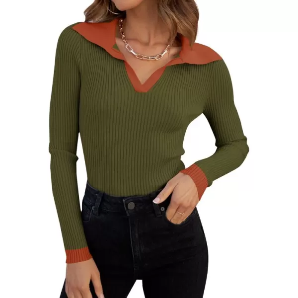 ZESICA Sweaters for Women 2024 Fall Long Sleeve V Neck Ribbed Knit Pullover Tops Casual Slim Fit Basic Tee ShirtsOlive
