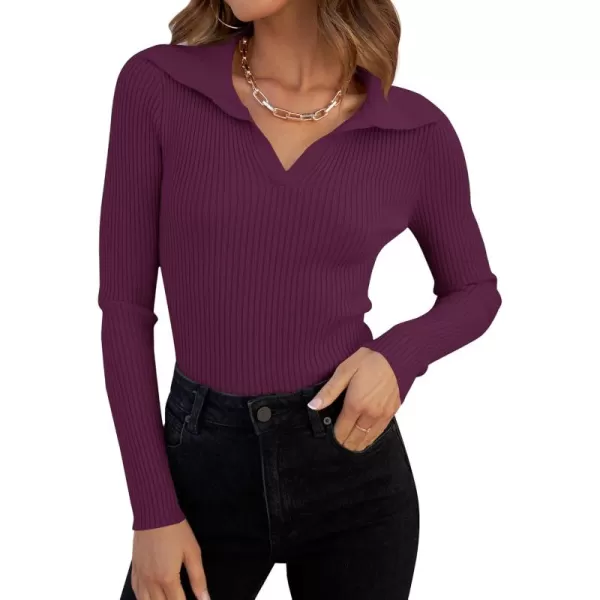 ZESICA Sweaters for Women 2024 Fall Long Sleeve V Neck Ribbed Knit Pullover Tops Casual Slim Fit Basic Tee ShirtsPlum