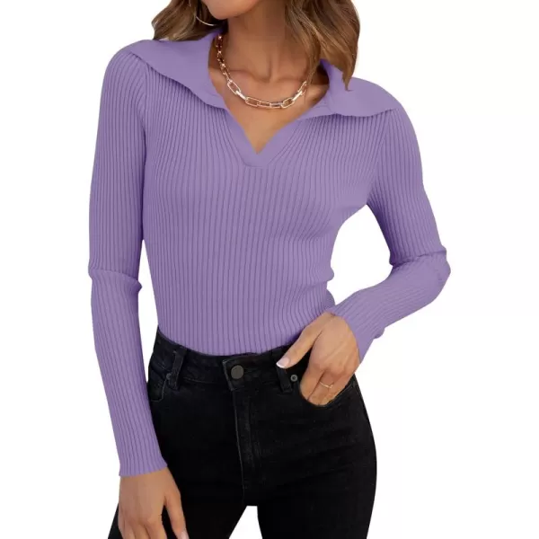 ZESICA Sweaters for Women 2024 Fall Long Sleeve V Neck Ribbed Knit Pullover Tops Casual Slim Fit Basic Tee ShirtsPurple