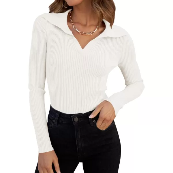 ZESICA Sweaters for Women 2024 Fall Long Sleeve V Neck Ribbed Knit Pullover Tops Casual Slim Fit Basic Tee ShirtsWhite