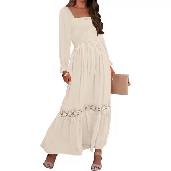 ZESICA Womens 2024 Boho Long Sleeve Square Neck Smocked High Waist Flowy A Line Lace Trim Maxi DressApricot
