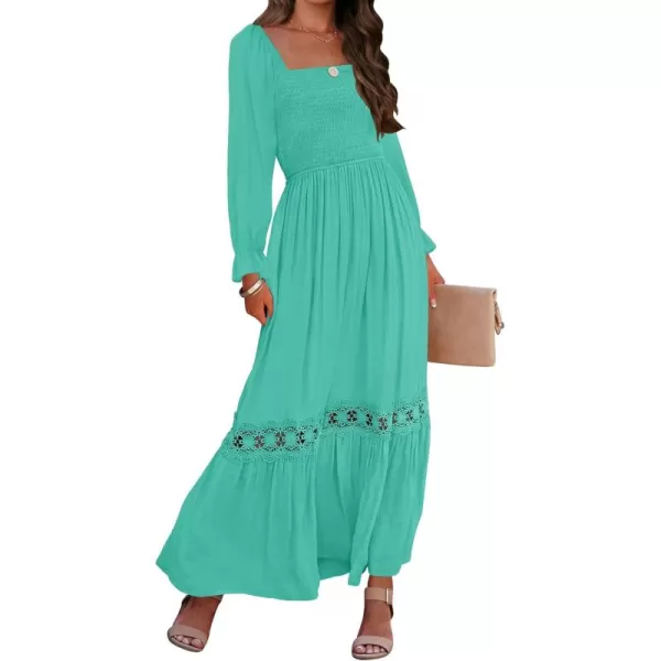 ZESICA Womens 2024 Boho Long Sleeve Square Neck Smocked High Waist Flowy A Line Lace Trim Maxi DressAqua