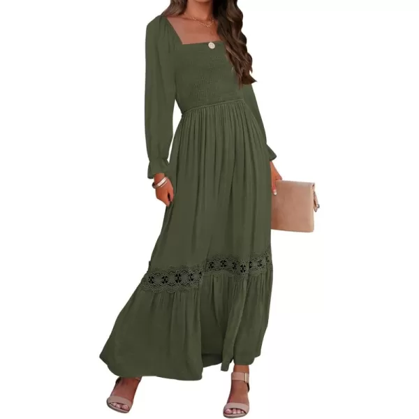 ZESICA Womens 2024 Boho Long Sleeve Square Neck Smocked High Waist Flowy A Line Lace Trim Maxi DressArmy Green