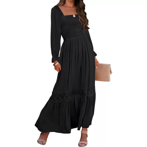 ZESICA Womens 2024 Boho Long Sleeve Square Neck Smocked High Waist Flowy A Line Lace Trim Maxi DressBlack