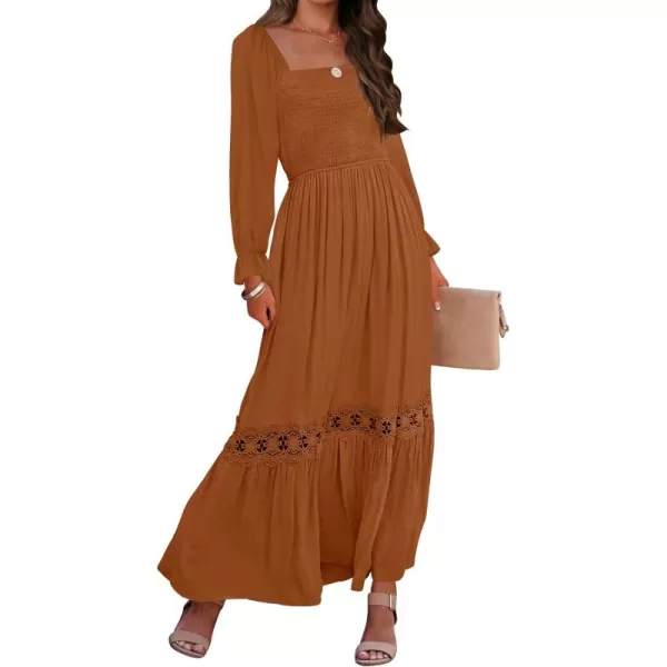 ZESICA Womens 2024 Boho Long Sleeve Square Neck Smocked High Waist Flowy A Line Lace Trim Maxi DressBrown