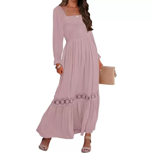 ZESICA Womens 2024 Boho Long Sleeve Square Neck Smocked High Waist Flowy A Line Lace Trim Maxi DressDark Pink