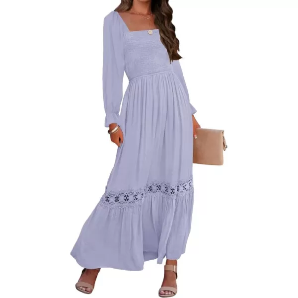 ZESICA Womens 2024 Boho Long Sleeve Square Neck Smocked High Waist Flowy A Line Lace Trim Maxi DressDusty Taro