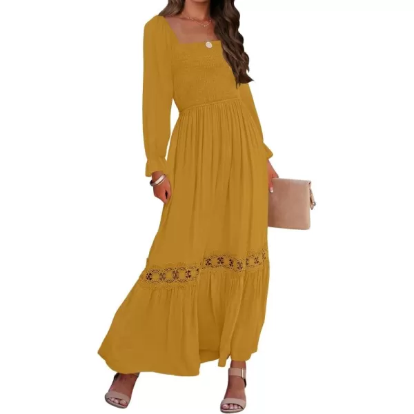 ZESICA Womens 2024 Boho Long Sleeve Square Neck Smocked High Waist Flowy A Line Lace Trim Maxi DressGinger