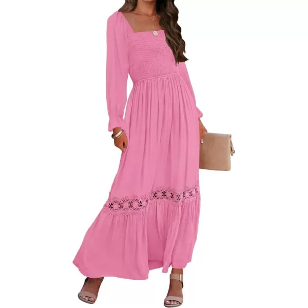 ZESICA Womens 2024 Boho Long Sleeve Square Neck Smocked High Waist Flowy A Line Lace Trim Maxi DressHot Pink