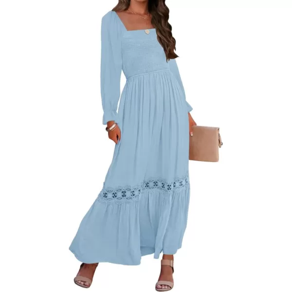 ZESICA Womens 2024 Boho Long Sleeve Square Neck Smocked High Waist Flowy A Line Lace Trim Maxi DressLight Blue