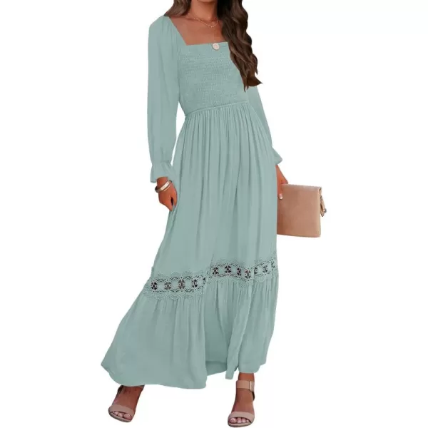 ZESICA Womens 2024 Boho Long Sleeve Square Neck Smocked High Waist Flowy A Line Lace Trim Maxi DressLight Green