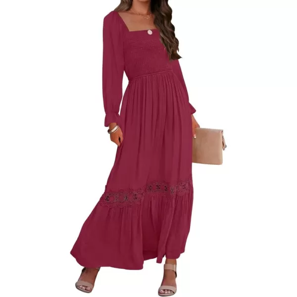 ZESICA Womens 2024 Boho Long Sleeve Square Neck Smocked High Waist Flowy A Line Lace Trim Maxi DressPlum