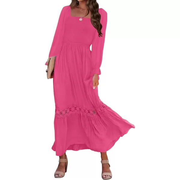 ZESICA Womens 2024 Boho Long Sleeve Square Neck Smocked High Waist Flowy A Line Lace Trim Maxi DressRose Pink
