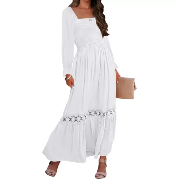 ZESICA Womens 2024 Boho Long Sleeve Square Neck Smocked High Waist Flowy A Line Lace Trim Maxi DressWhite