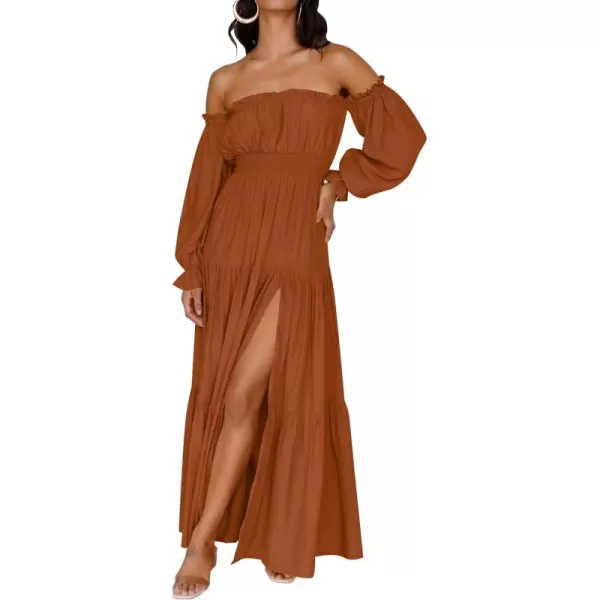 ZESICA Womens 2024 Boho Sexy Off Shoulder Long Sleeve Smocked High Waist Side Split Flowy A Line Tiered Long Maxi DressCaramel