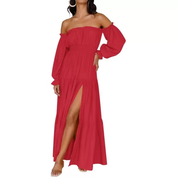 ZESICA Womens 2024 Boho Sexy Off Shoulder Long Sleeve Smocked High Waist Side Split Flowy A Line Tiered Long Maxi DressCherry