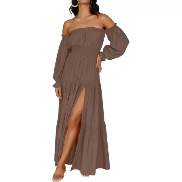 ZESICA Womens 2024 Boho Sexy Off Shoulder Long Sleeve Smocked High Waist Side Split Flowy A Line Tiered Long Maxi DressCoffee