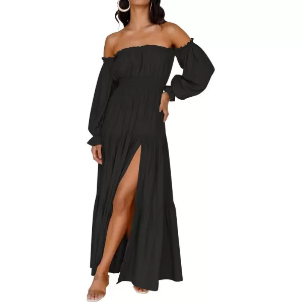 ZESICA Womens 2024 Boho Sexy Off Shoulder Long Sleeve Smocked High Waist Side Split Flowy A Line Tiered Long Maxi DressDark Black