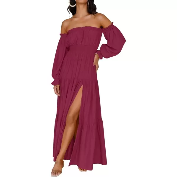 ZESICA Womens 2024 Boho Sexy Off Shoulder Long Sleeve Smocked High Waist Side Split Flowy A Line Tiered Long Maxi DressFuchsia