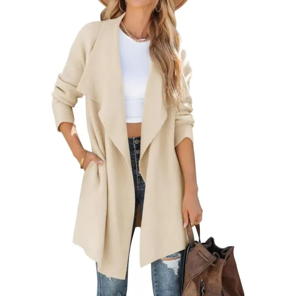 ZESICA Womens 2024 Casual Lapel Cardigan Long Sleeve Open Front Irregular Hem Soft Knitted Sweater Coat with PocketsBeige