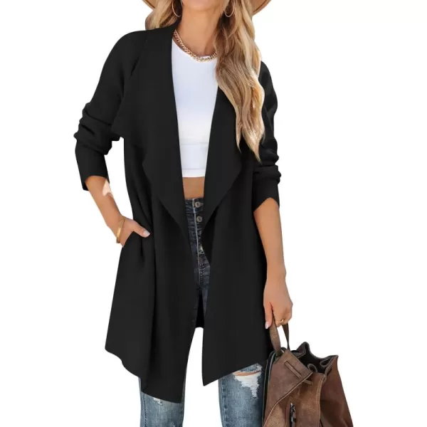 ZESICA Womens 2024 Casual Lapel Cardigan Long Sleeve Open Front Irregular Hem Soft Knitted Sweater Coat with PocketsBlack
