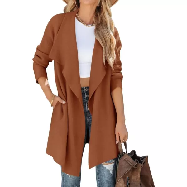 ZESICA Womens 2024 Casual Lapel Cardigan Long Sleeve Open Front Irregular Hem Soft Knitted Sweater Coat with PocketsCaramel
