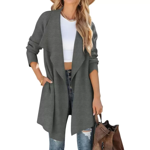 ZESICA Womens 2024 Casual Lapel Cardigan Long Sleeve Open Front Irregular Hem Soft Knitted Sweater Coat with PocketsDarkgrey