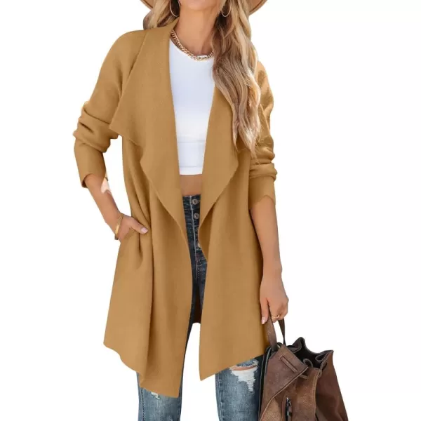 ZESICA Womens 2024 Casual Lapel Cardigan Long Sleeve Open Front Irregular Hem Soft Knitted Sweater Coat with PocketsKhaki