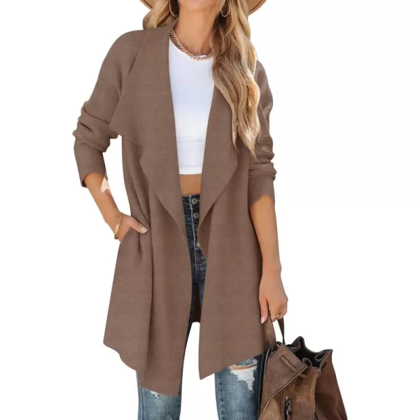 ZESICA Womens 2024 Casual Lapel Cardigan Long Sleeve Open Front Irregular Hem Soft Knitted Sweater Coat with PocketsMocha