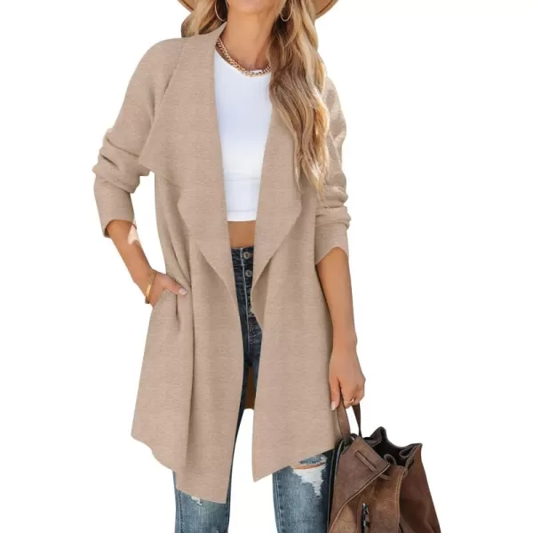 ZESICA Womens 2024 Casual Lapel Cardigan Long Sleeve Open Front Irregular Hem Soft Knitted Sweater Coat with PocketsOats