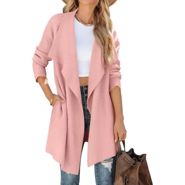 ZESICA Womens 2024 Casual Lapel Cardigan Long Sleeve Open Front Irregular Hem Soft Knitted Sweater Coat with PocketsPink