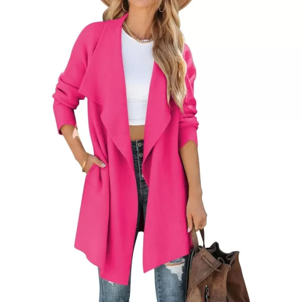 ZESICA Womens 2024 Casual Lapel Cardigan Long Sleeve Open Front Irregular Hem Soft Knitted Sweater Coat with PocketsRose