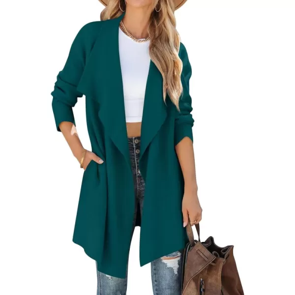ZESICA Womens 2024 Casual Lapel Cardigan Long Sleeve Open Front Irregular Hem Soft Knitted Sweater Coat with PocketsTealgreen