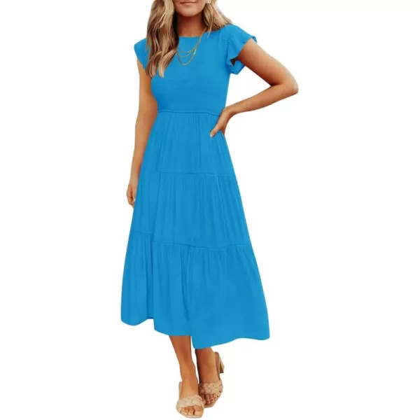 ZESICA Womens 2024 Summer Casual Flutter Short Sleeve Crew Neck Smocked Elastic Waist Tiered Midi DressCobalt Blue