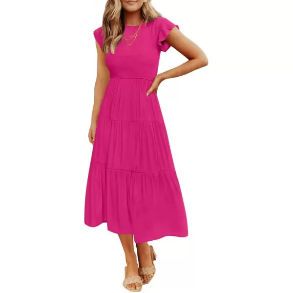 ZESICA Womens 2024 Summer Casual Flutter Short Sleeve Crew Neck Smocked Elastic Waist Tiered Midi DressRose