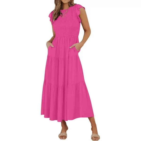 ZESICA Womens 2024 Summer Casual Flutter Short Sleeve Crew Neck Smocked Elastic Waist Tiered Midi DressRosepink