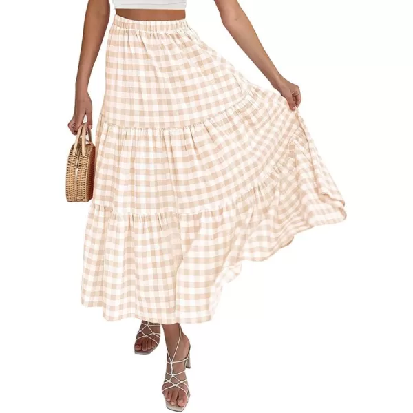 ZESICA Womens 2024 Summer Plaid Flower Elastic High Waist Flowy A Line Maxi Skirt with PocketsApricot