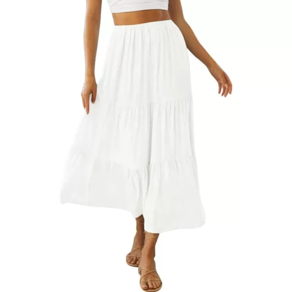 ZESICA Womens 2024 Summer Plaid Flower Elastic High Waist Flowy A Line Maxi Skirt with PocketsWhite
