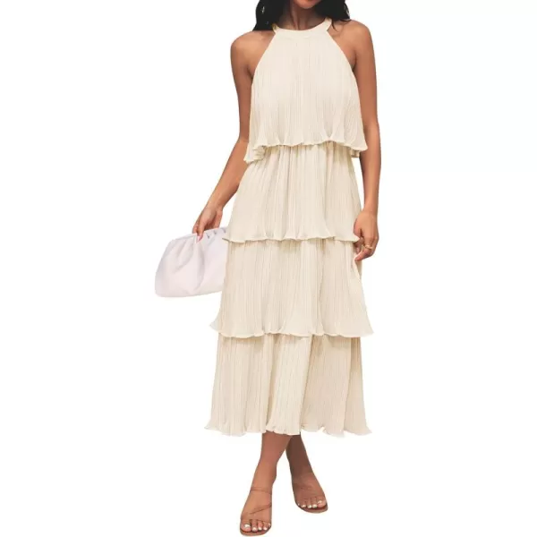 ZESICA Womens 2024 Summer Sleeveless Halter Neck Ruffle Tiered Layed Chiffon Flowy Swing Long Midi DressApricot