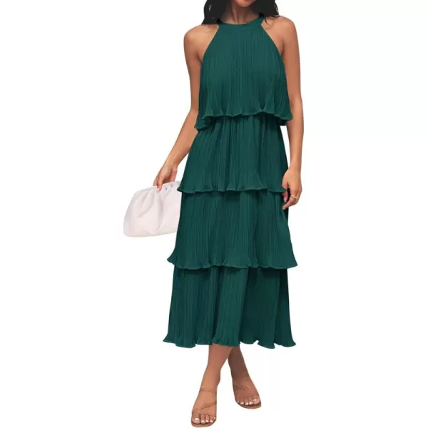 ZESICA Womens 2024 Summer Sleeveless Halter Neck Ruffle Tiered Layed Chiffon Flowy Swing Long Midi DressDarkgreen