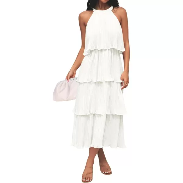 ZESICA Womens 2024 Summer Sleeveless Halter Neck Ruffle Tiered Layed Chiffon Flowy Swing Long Midi DressWhite