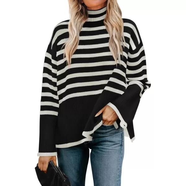 ZESICA Womens 2024 Winter Sweaters Casual Turtleneck Long Sleeve Striped Side Slit Loose Pullover Sweater Jumper TopsBlack