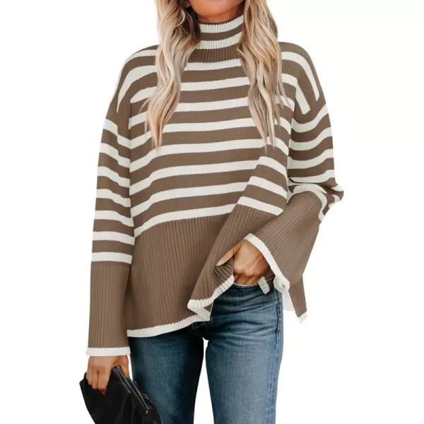 ZESICA Womens 2024 Winter Sweaters Casual Turtleneck Long Sleeve Striped Side Slit Loose Pullover Sweater Jumper TopsBrown