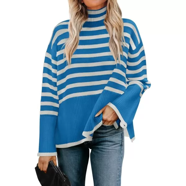 ZESICA Womens 2024 Winter Sweaters Casual Turtleneck Long Sleeve Striped Side Slit Loose Pullover Sweater Jumper TopsCobaltblue