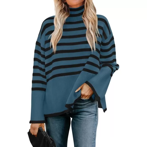 ZESICA Womens 2024 Winter Sweaters Casual Turtleneck Long Sleeve Striped Side Slit Loose Pullover Sweater Jumper TopsDustyblue