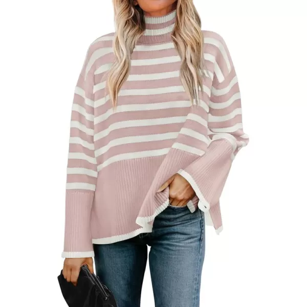 ZESICA Womens 2024 Winter Sweaters Casual Turtleneck Long Sleeve Striped Side Slit Loose Pullover Sweater Jumper TopsDustypink